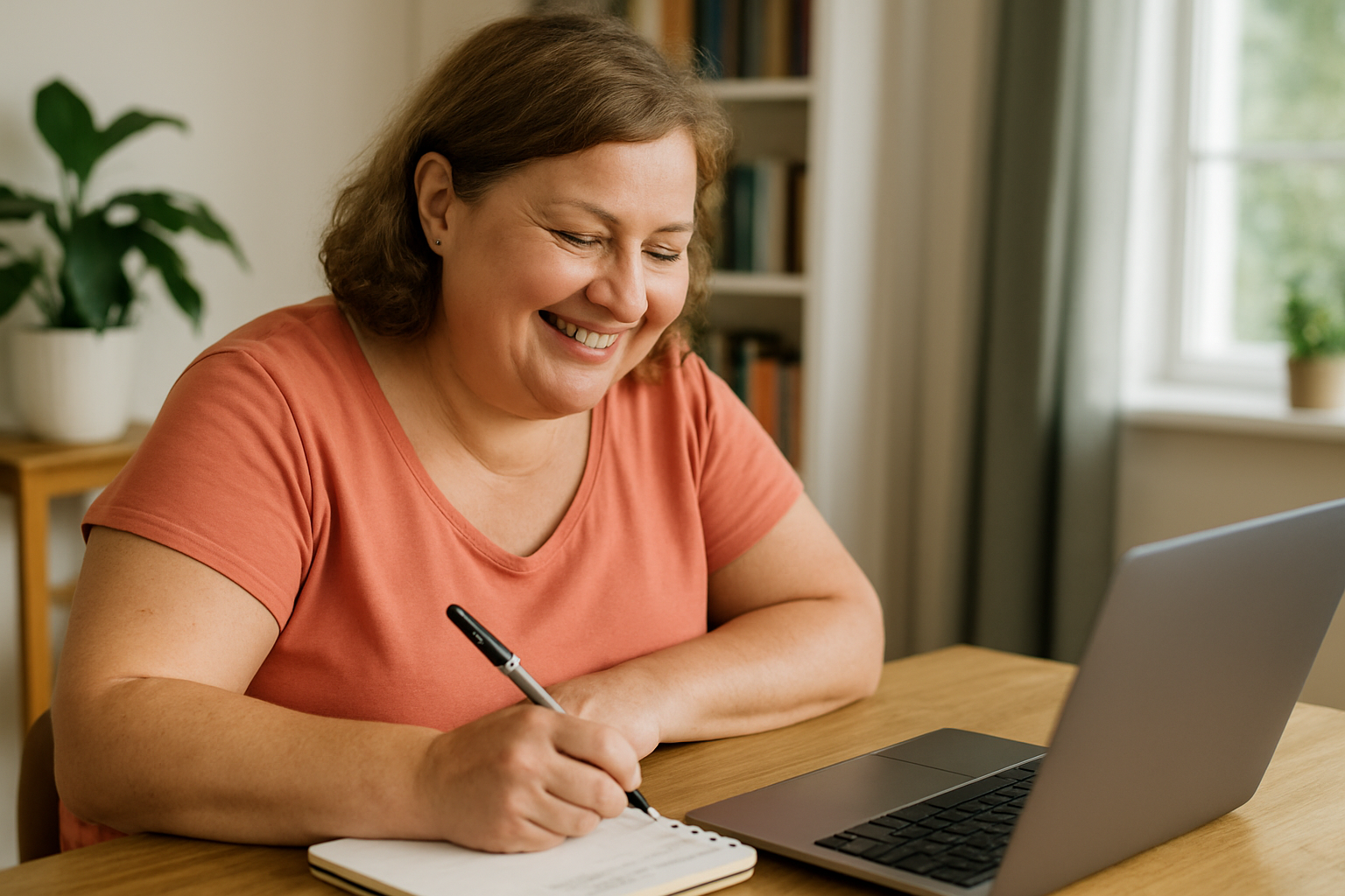 Übergewichtige Frau sitz zufrieden vor dem Rechner und macht das Abnehm-Online-Coaching
